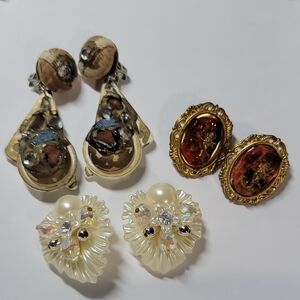 Vintage-Inspired Pearl and Resin Statement Earrings Trio